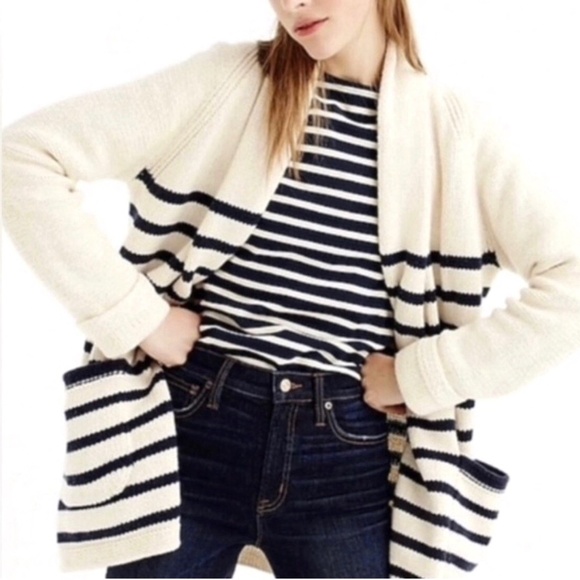 J.Crew Women's Cream Navy Blue Striped Open Front Cardigan Long Lined Size SMALL - Picture 1 of 10
